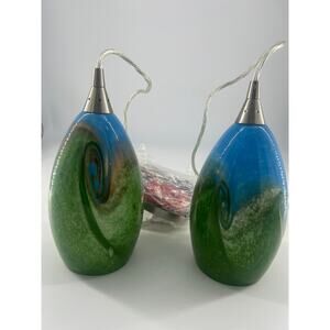 Set of 2 Hand-blown Art Glass Pendant Hanging Lights Blue Green Marble  New